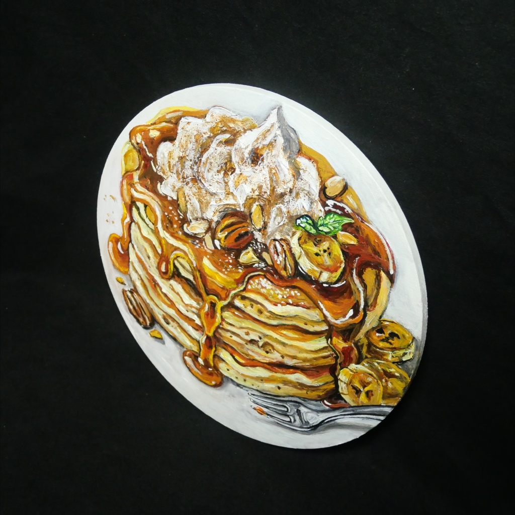 【原画・一点物】油絵『至福の重奏』直径30cm丸型キャンバス/キャラメルバナナパンケーキ【無料ラッピング・壁掛け金具付】