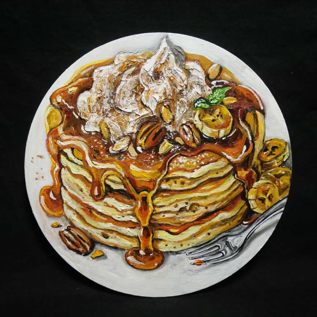【原画・一点物】油絵『至福の重奏』直径30cm丸型キャンバス/キャラメルバナナパンケーキ【無料ラッピング・壁掛け金具付】