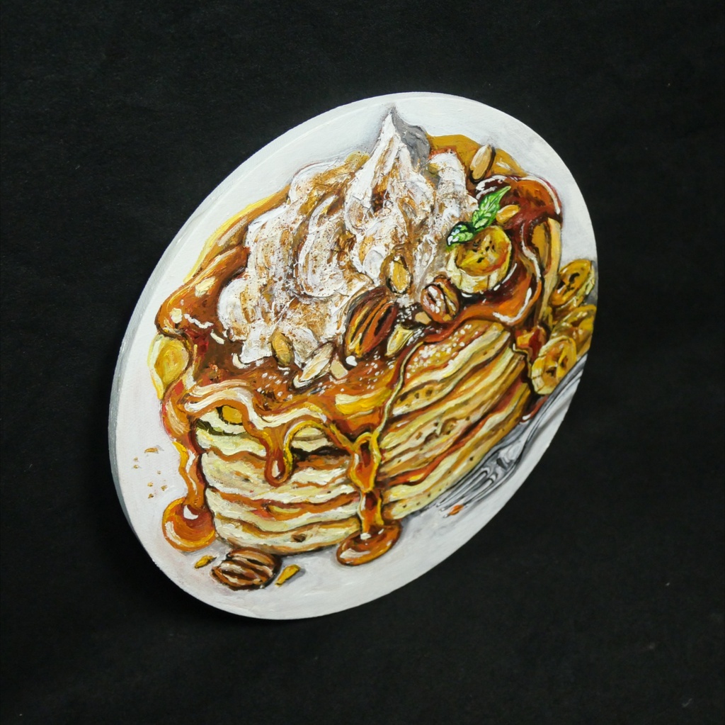 【原画・一点物】油絵『至福の重奏』直径30cm丸型キャンバス/キャラメルバナナパンケーキ【無料ラッピング・壁掛け金具付】