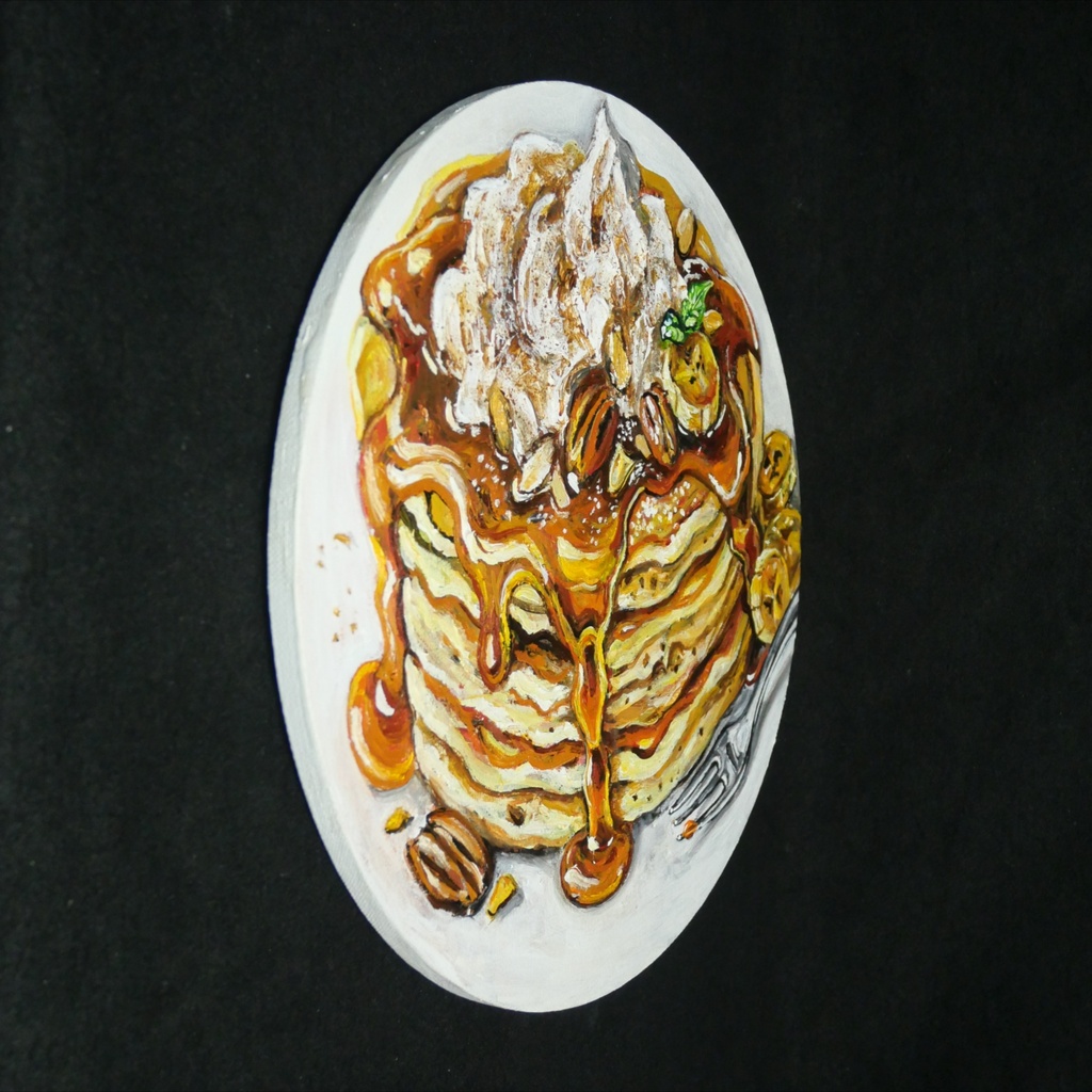 【原画・一点物】油絵『至福の重奏』直径30cm丸型キャンバス/キャラメルバナナパンケーキ【無料ラッピング・壁掛け金具付】