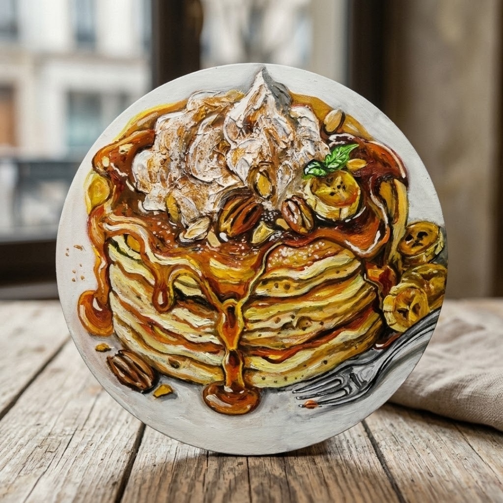 【原画・一点物】油絵『至福の重奏』直径30cm丸型キャンバス/キャラメルバナナパンケーキ【無料ラッピング・壁掛け金具付】