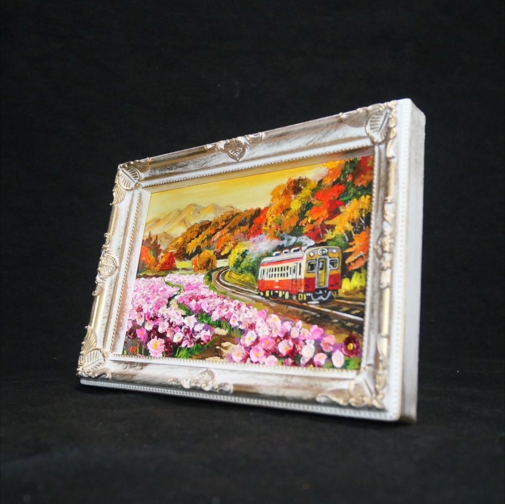 【秋うらら、どこまでも続く旅路】秋桜と紅葉山を駆ける赤い電車のミニ絵画