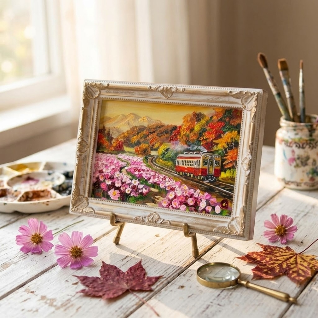 【秋うらら、どこまでも続く旅路】秋桜と紅葉山を駆ける赤い電車のミニ絵画