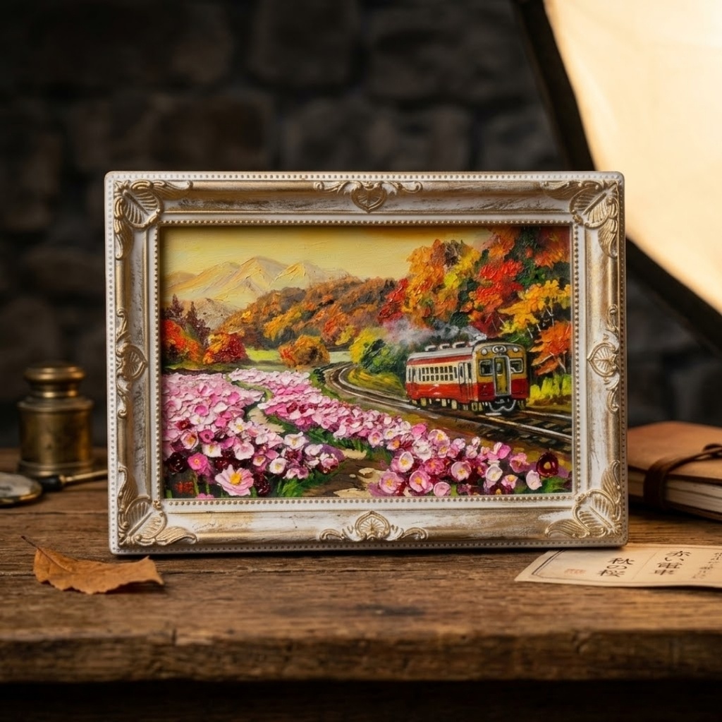 【秋うらら、どこまでも続く旅路】秋桜と紅葉山を駆ける赤い電車のミニ絵画