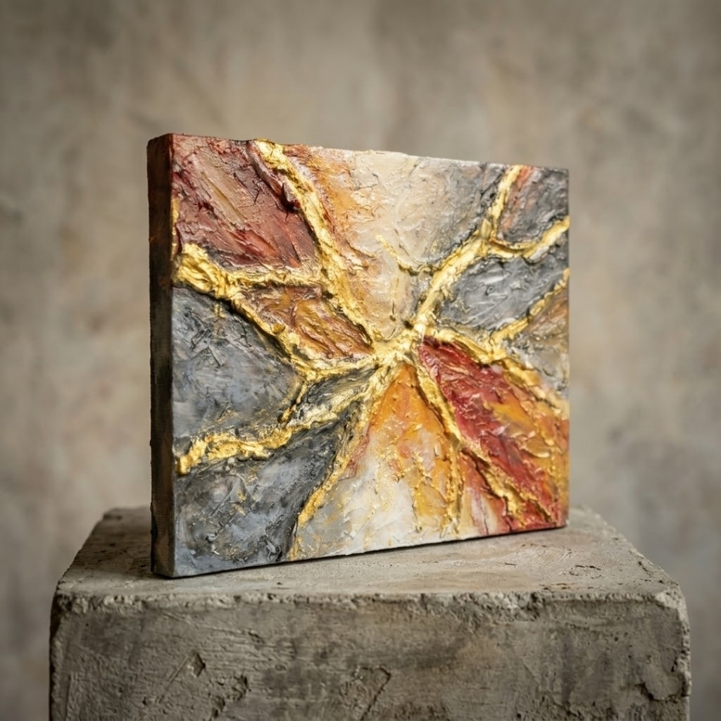 抽象画『裂痕の美 — KINTSUGI —』F0号 油彩原画 / テクスチャーアート 金継ぎ 現代アート 壁掛け可能(ギフト対応)