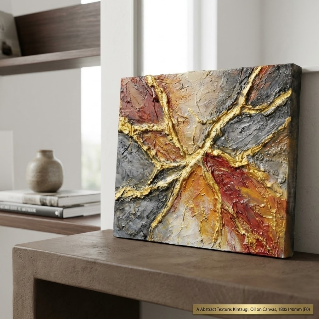 抽象画『裂痕の美 — KINTSUGI —』F0号 油彩原画 / テクスチャーアート 金継ぎ 現代アート 壁掛け可能(ギフト対応)