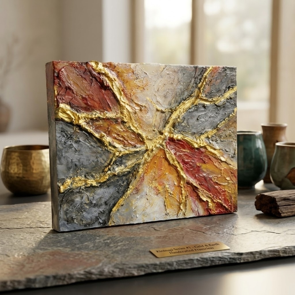 抽象画『裂痕の美 — KINTSUGI —』F0号 油彩原画 / テクスチャーアート 金継ぎ 現代アート 壁掛け可能（ギフト対応）
