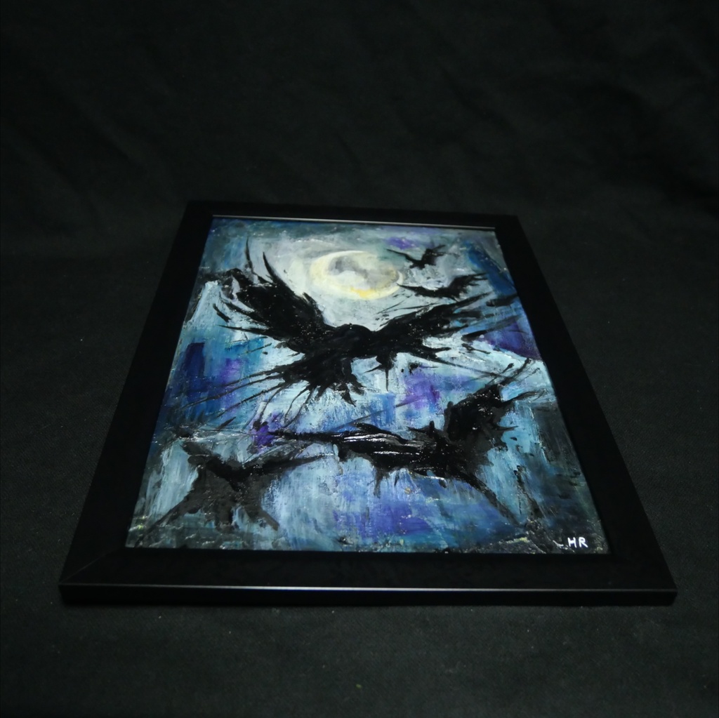 【油絵 原画】朧月夜の狂詩曲 〜カラスと月のハロウィン〜(A4額縁・ラッピング付)