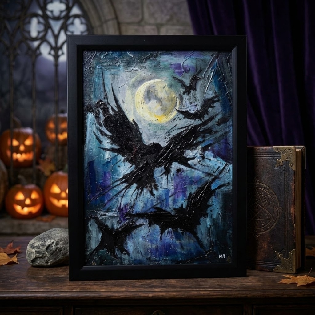 【油絵 原画】朧月夜の狂詩曲 〜カラスと月のハロウィン〜(A4額縁・ラッピング付)
