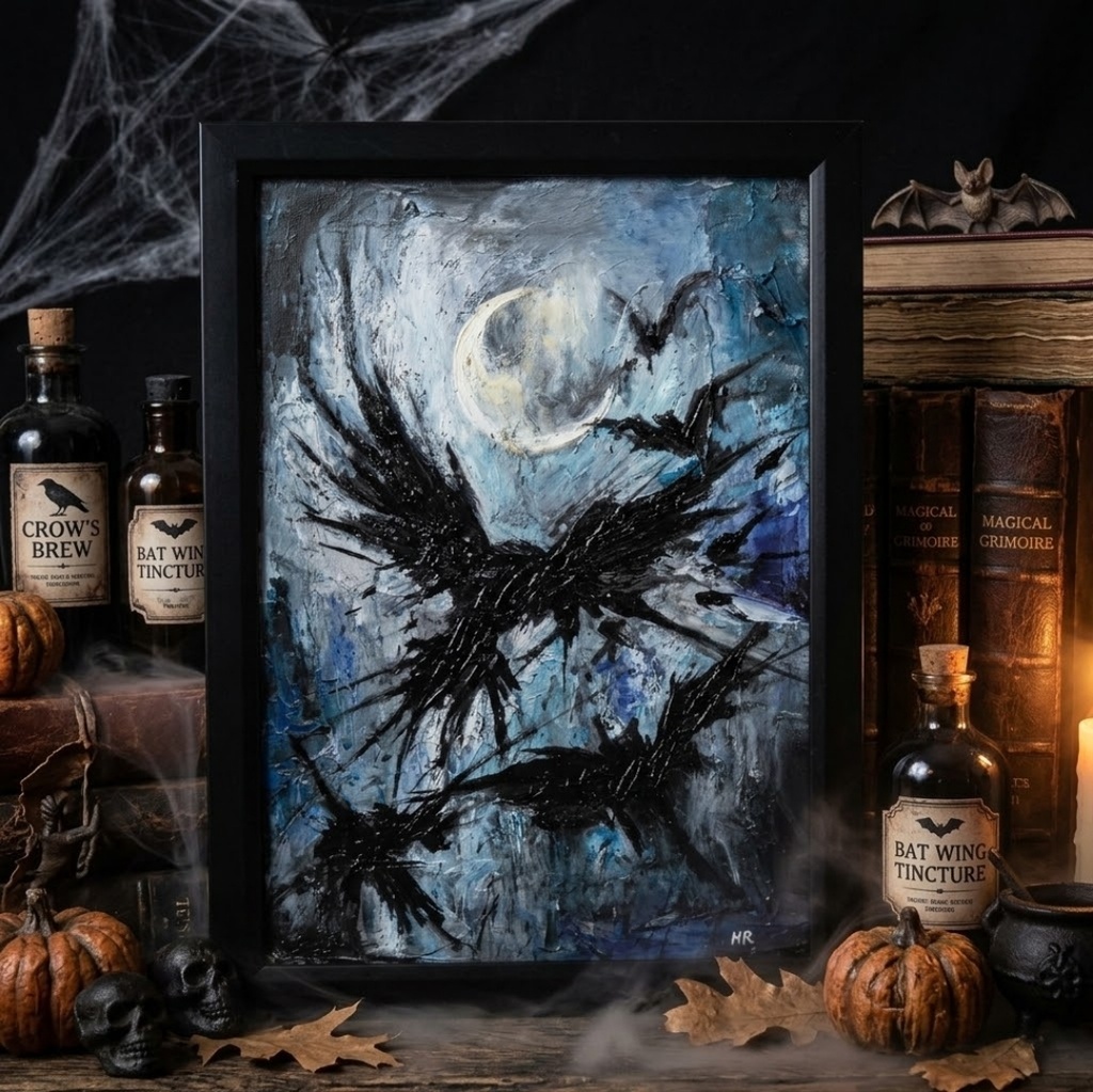 【油絵 原画】朧月夜の狂詩曲 〜カラスと月のハロウィン〜（A4額縁・ラッピング付）