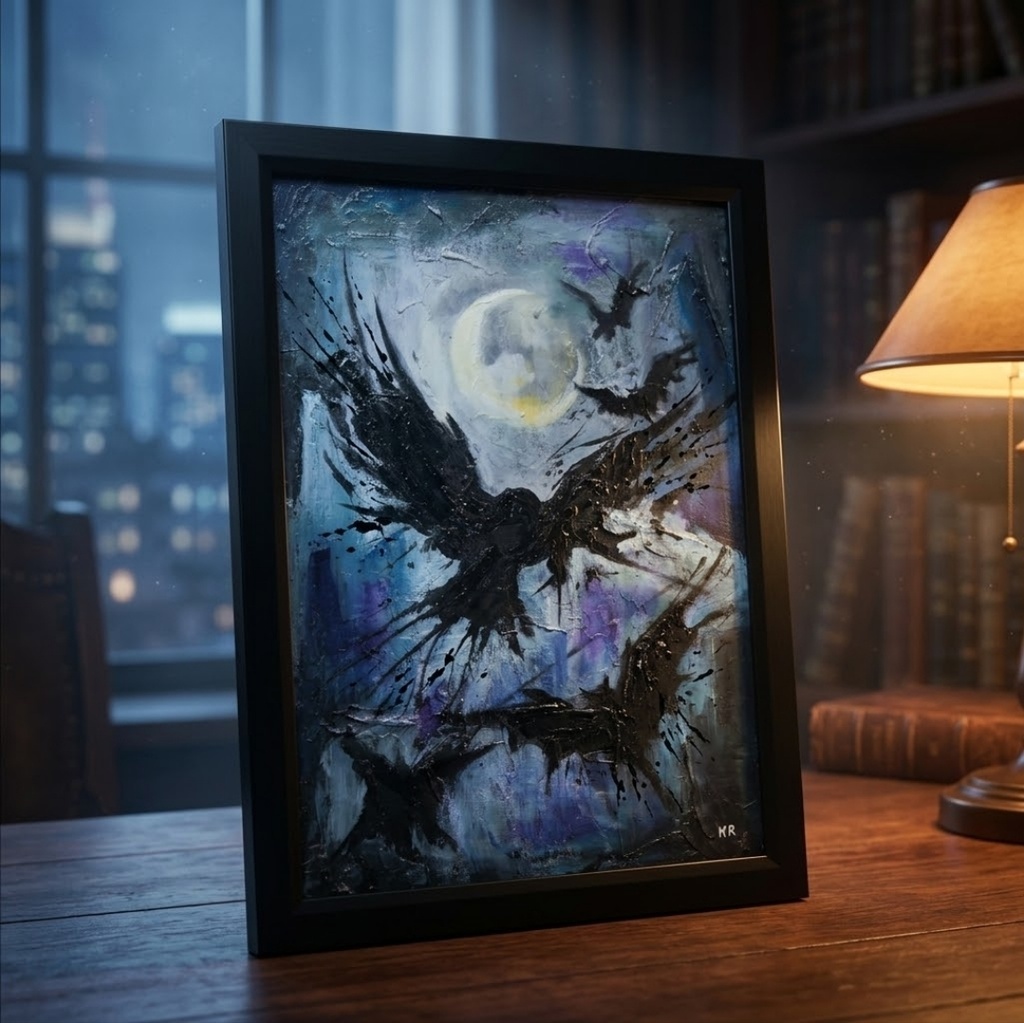 【油絵 原画】朧月夜の狂詩曲 〜カラスと月のハロウィン〜(A4額縁・ラッピング付)