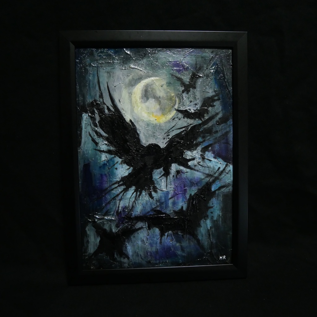【油絵 原画】朧月夜の狂詩曲 〜カラスと月のハロウィン〜(A4額縁・ラッピング付)