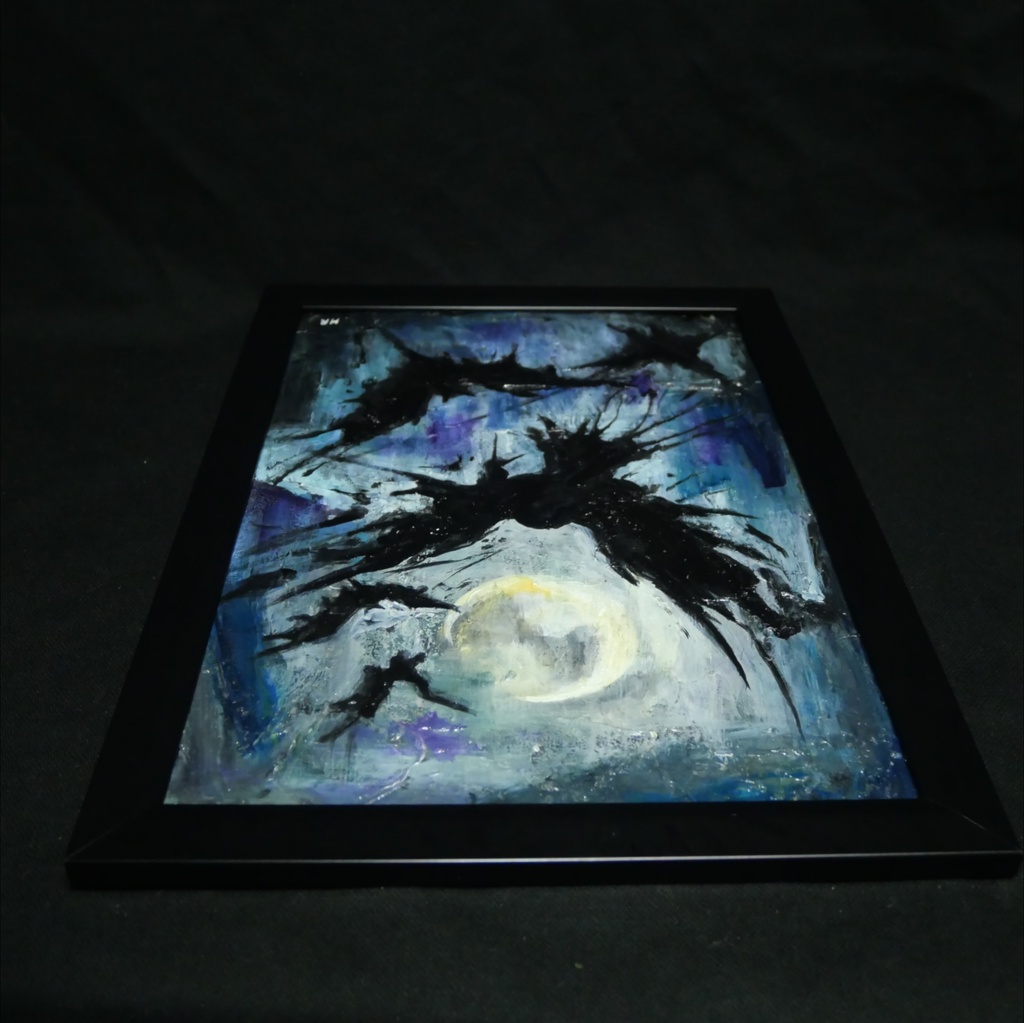 【油絵 原画】朧月夜の狂詩曲 〜カラスと月のハロウィン〜(A4額縁・ラッピング付)
