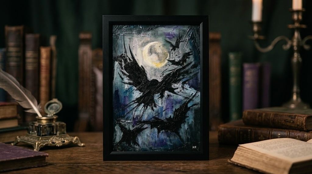 【油絵 原画】朧月夜の狂詩曲 〜カラスと月のハロウィン〜(A4額縁・ラッピング付)