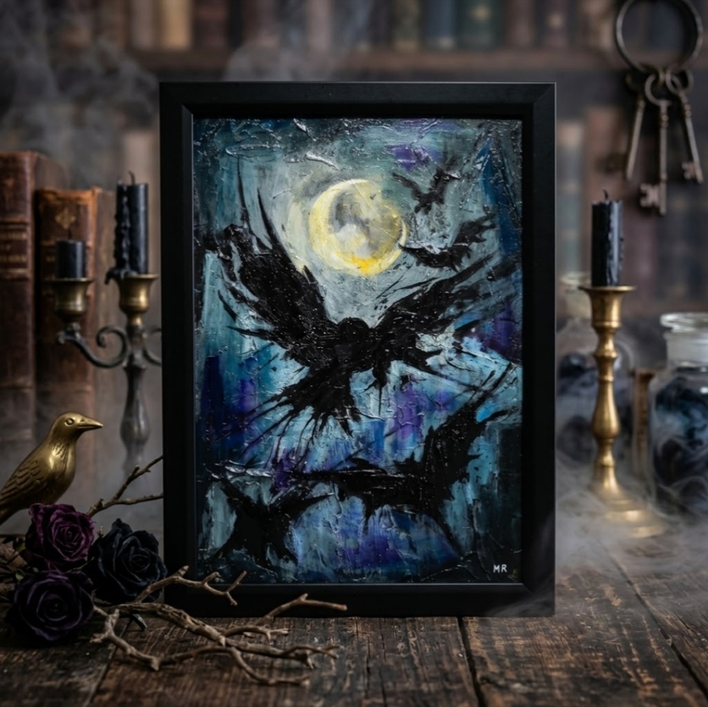 【油絵 原画】朧月夜の狂詩曲 〜カラスと月のハロウィン〜（A4額縁・ラッピング付）