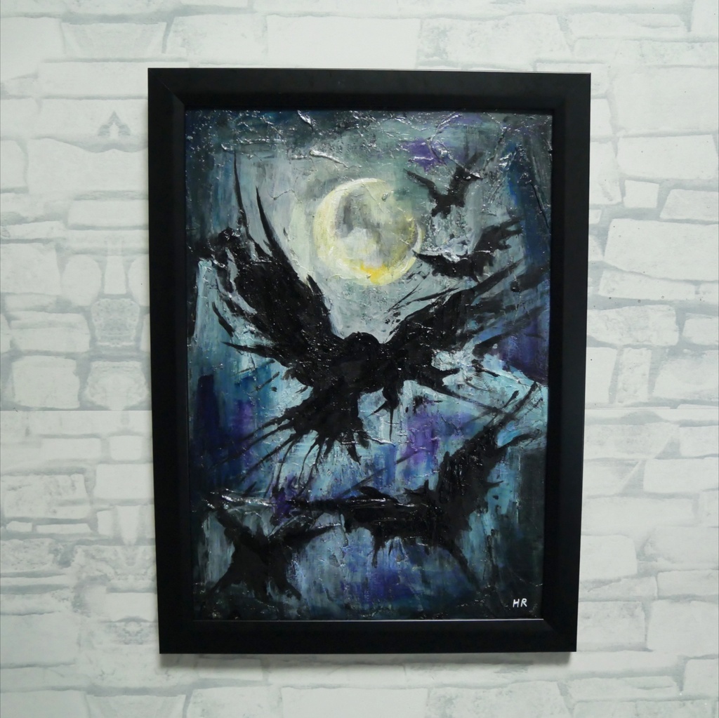【油絵 原画】朧月夜の狂詩曲 〜カラスと月のハロウィン〜(A4額縁・ラッピング付)