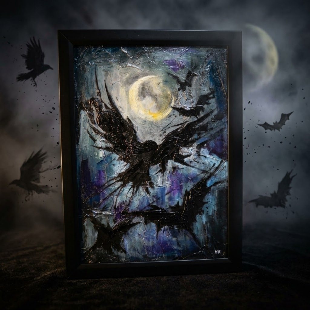 【油絵 原画】朧月夜の狂詩曲 〜カラスと月のハロウィン〜(A4額縁・ラッピング付)