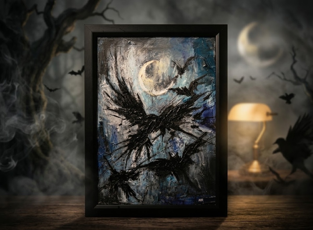 【油絵 原画】朧月夜の狂詩曲 〜カラスと月のハロウィン〜(A4額縁・ラッピング付)