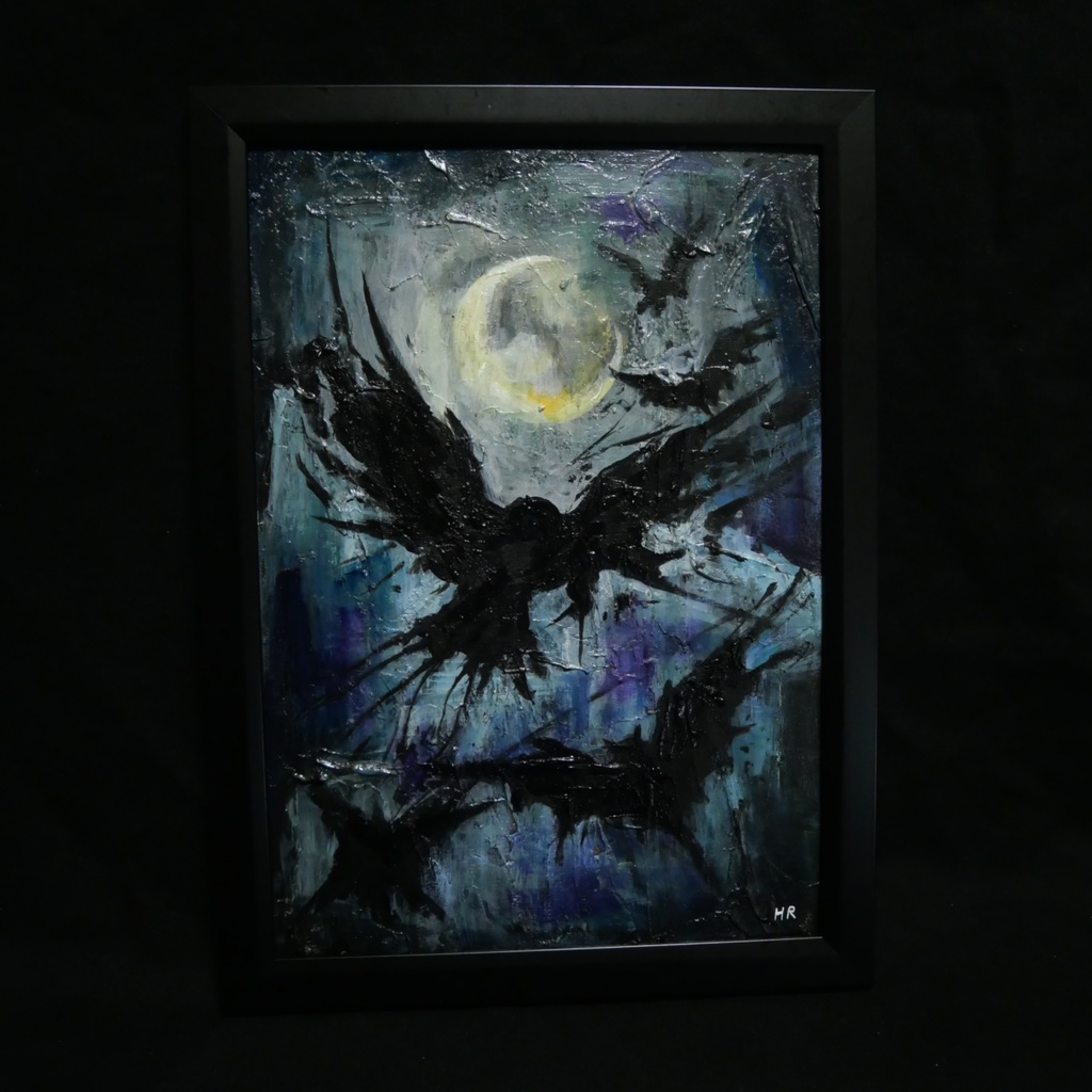 【油絵 原画】朧月夜の狂詩曲 〜カラスと月のハロウィン〜(A4額縁・ラッピング付)