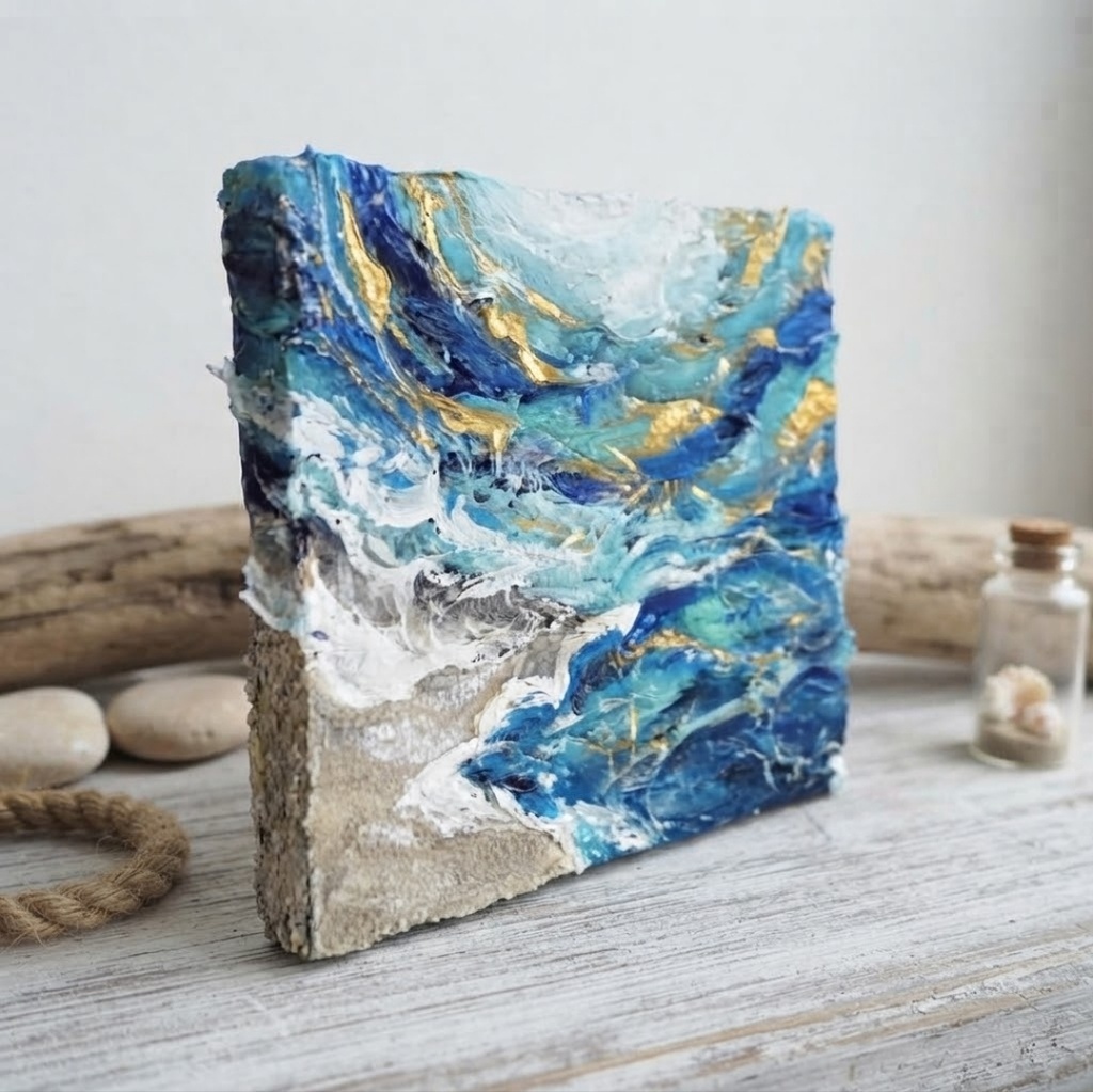 原画【碧洋の煌めき】海の立体テクスチャーアート 油絵 F0号 抽象画/ギフト対応