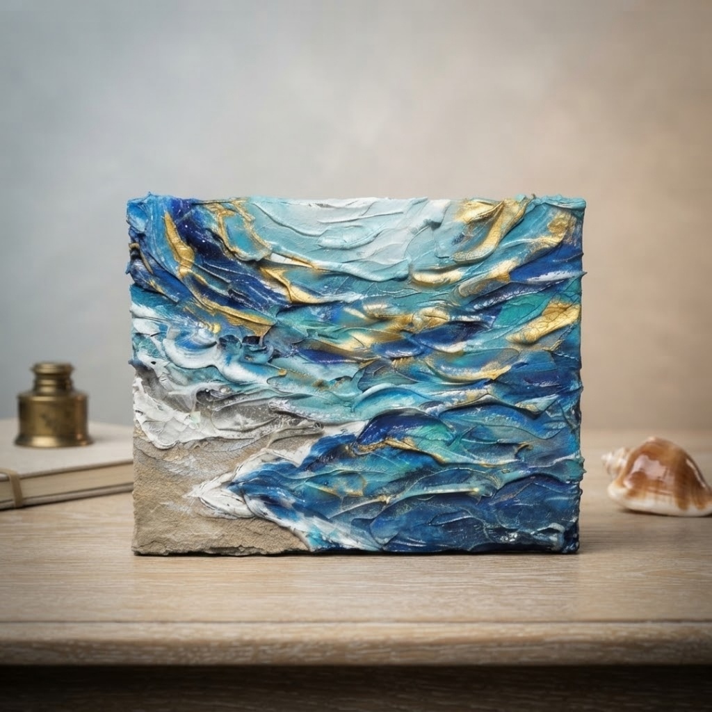 原画【碧洋の煌めき】海の立体テクスチャーアート 油絵 F0号 抽象画/ギフト対応