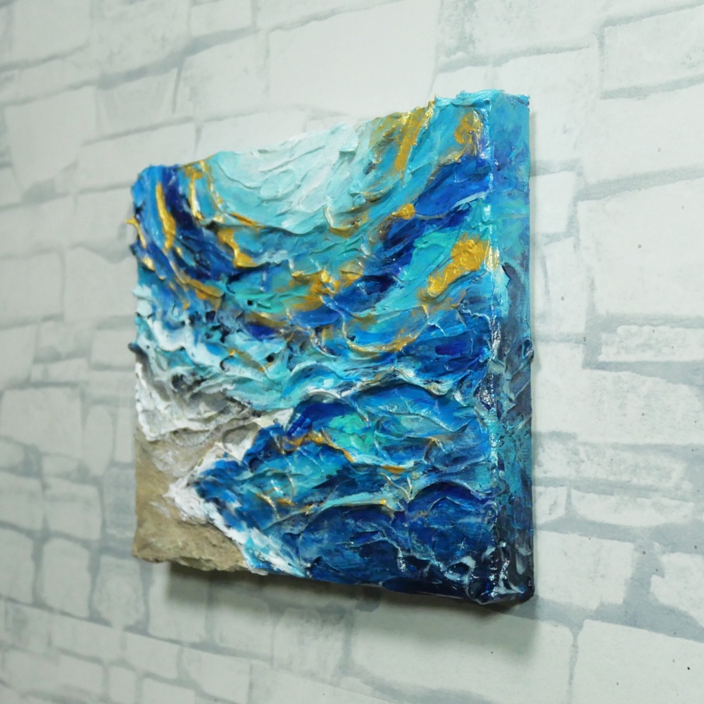 原画【碧洋の煌めき】海の立体テクスチャーアート 油絵 F0号 抽象画/ギフト対応