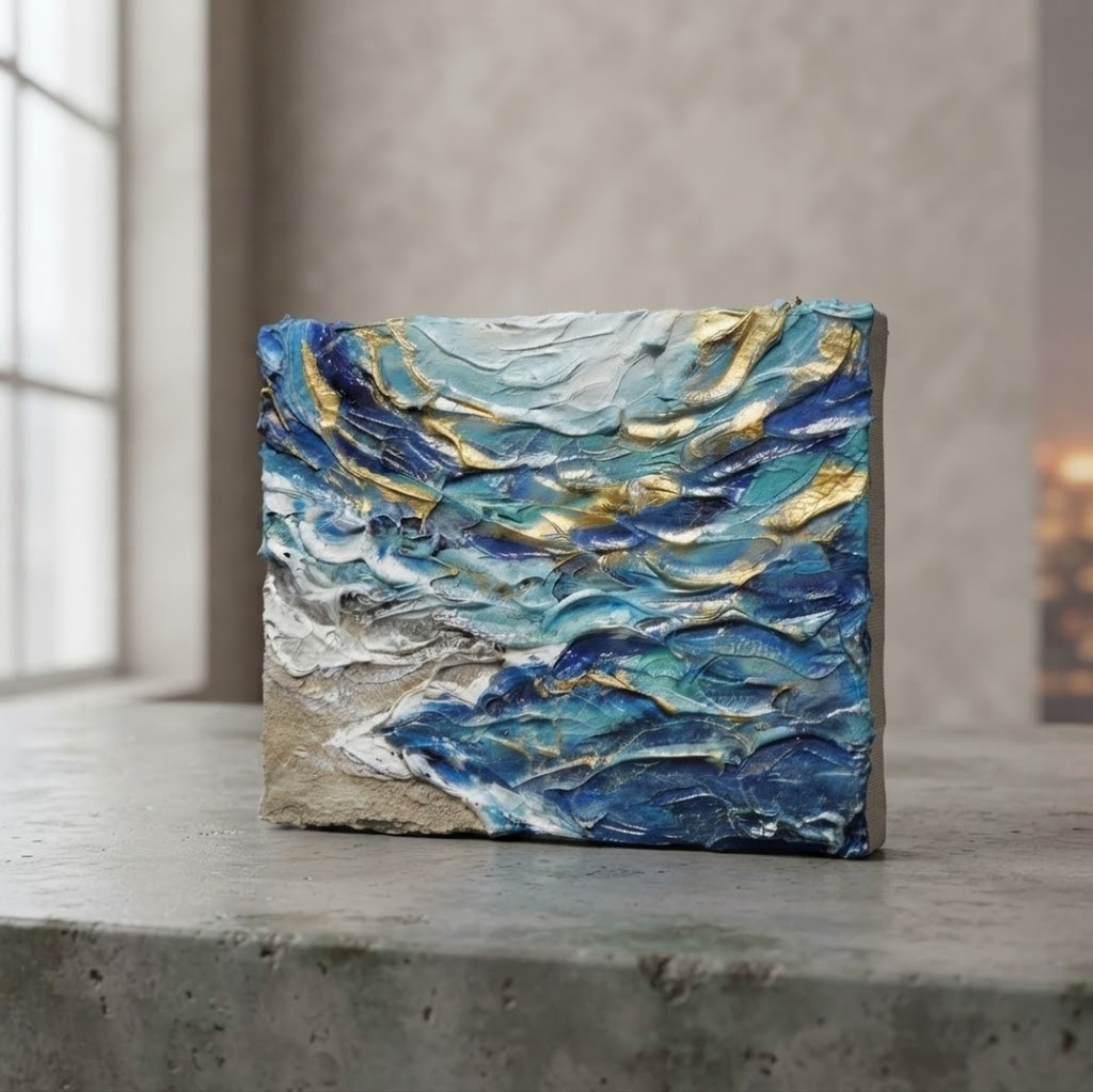 原画【碧洋の煌めき】海の立体テクスチャーアート 油絵 F0号 抽象画/ギフト対応