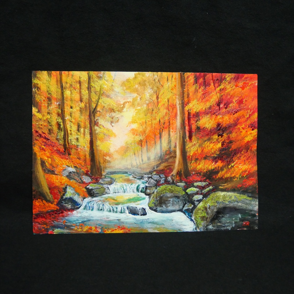 【油絵原画】黄金の渓流 〜豊穣の秋〜 |紅葉と水の癒やし風景画(A4額縁・壁掛け対応)
