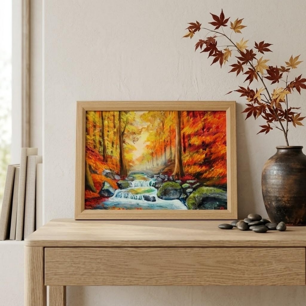 【油絵原画】黄金の渓流 〜豊穣の秋〜 |紅葉と水の癒やし風景画(A4額縁・壁掛け対応)