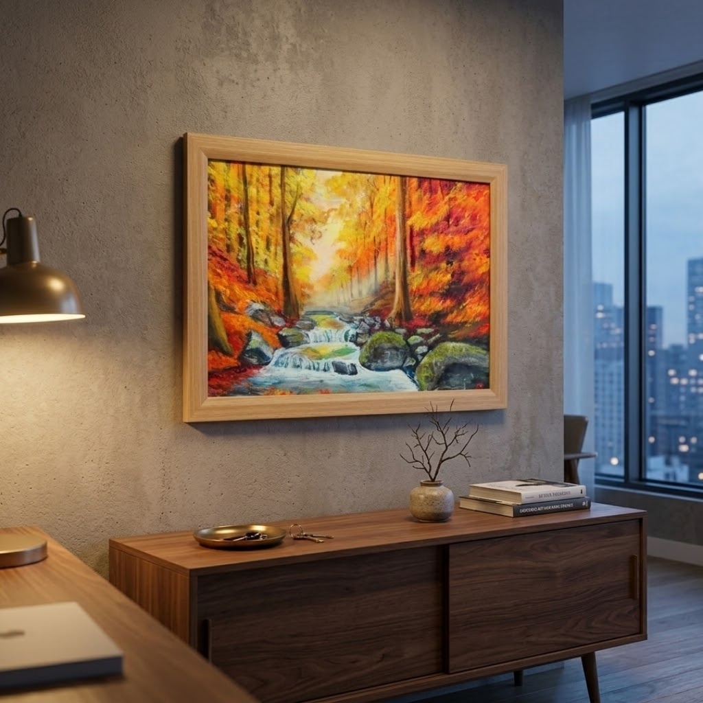 【油絵原画】黄金の渓流 〜豊穣の秋〜 |紅葉と水の癒やし風景画(A4額縁・壁掛け対応)