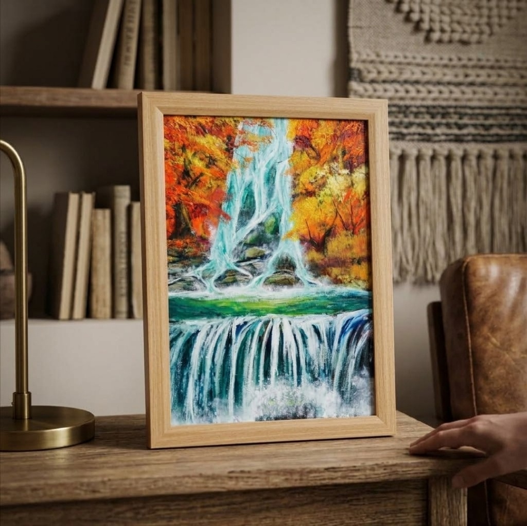 油絵 原画【錦秋の咆哮】秋の滝と紅葉の風景画 A4額縁付き|インテリア 壁掛け ギフト ラッピング対応