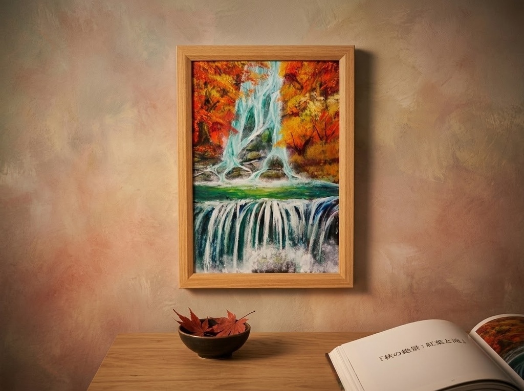油絵 原画【錦秋の咆哮】秋の滝と紅葉の風景画 A4額縁付き|インテリア 壁掛け ギフト ラッピング対応