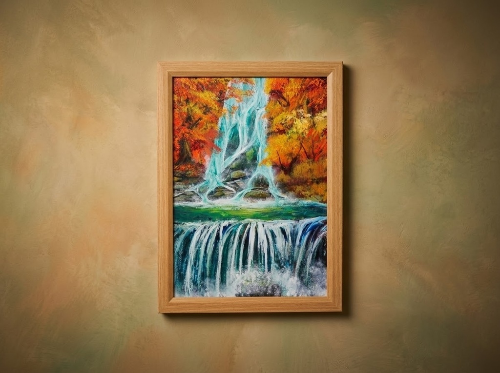 油絵 原画【錦秋の咆哮】秋の滝と紅葉の風景画 A4額縁付き|インテリア 壁掛け ギフト ラッピング対応