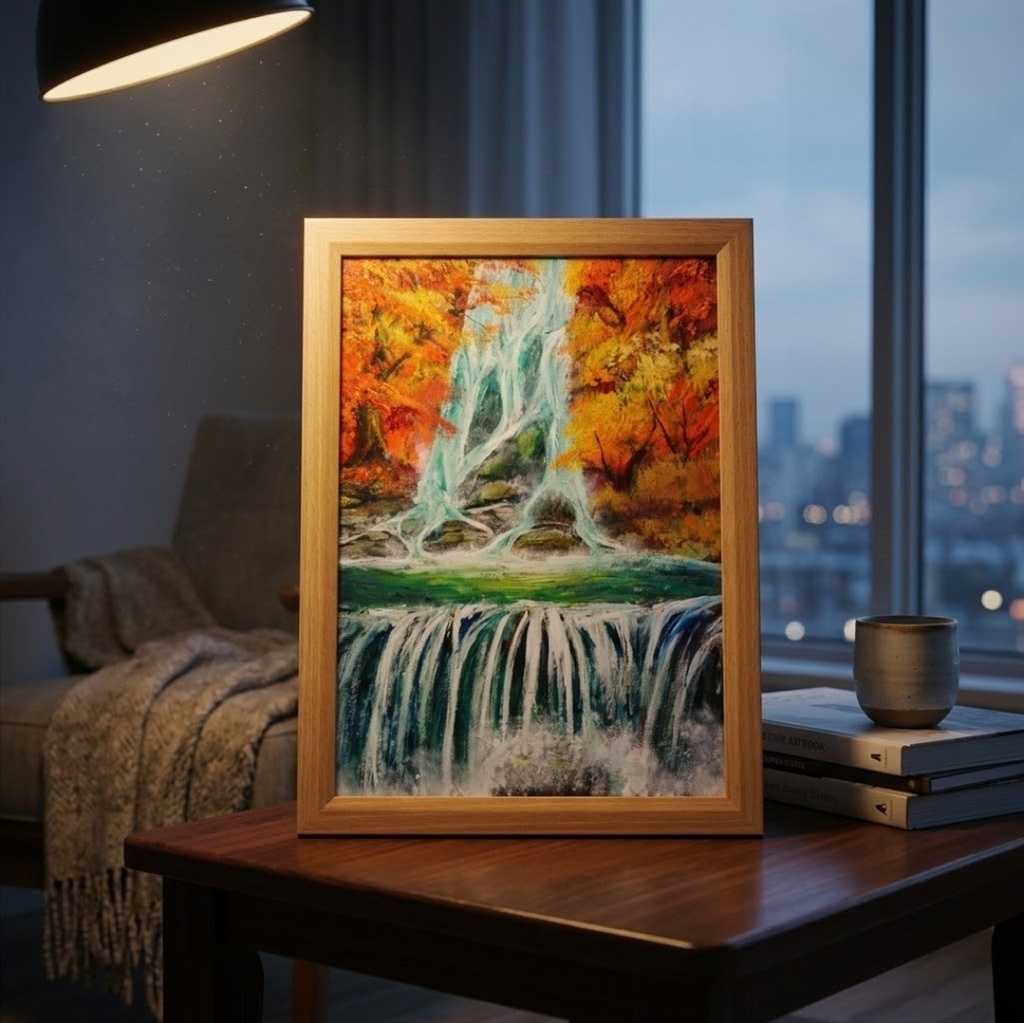 油絵 原画【錦秋の咆哮】秋の滝と紅葉の風景画 A4額縁付き|インテリア 壁掛け ギフト ラッピング対応
