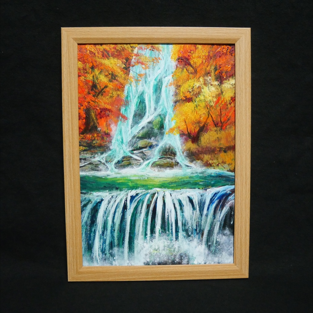 油絵 原画【錦秋の咆哮】秋の滝と紅葉の風景画 A4額縁付き|インテリア 壁掛け ギフト ラッピング対応