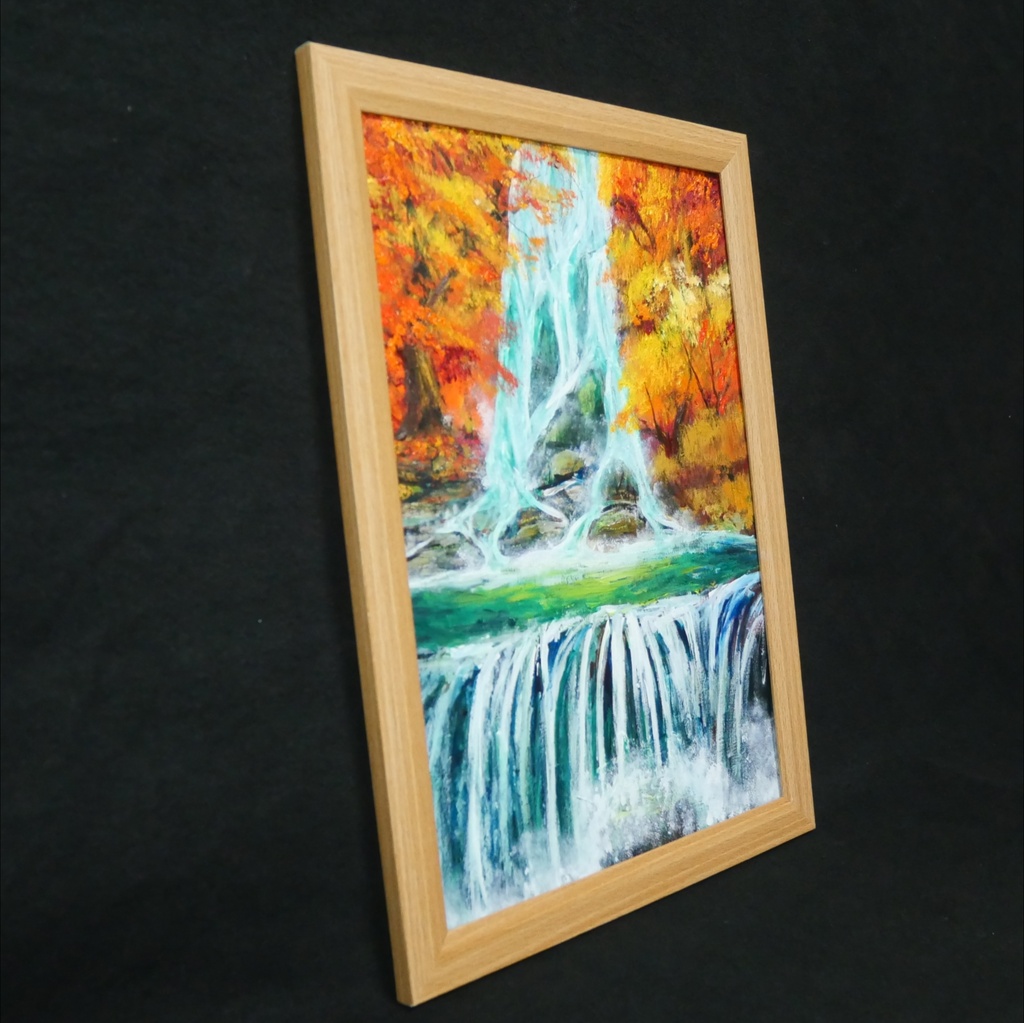 油絵 原画【錦秋の咆哮】秋の滝と紅葉の風景画 A4額縁付き|インテリア 壁掛け ギフト ラッピング対応