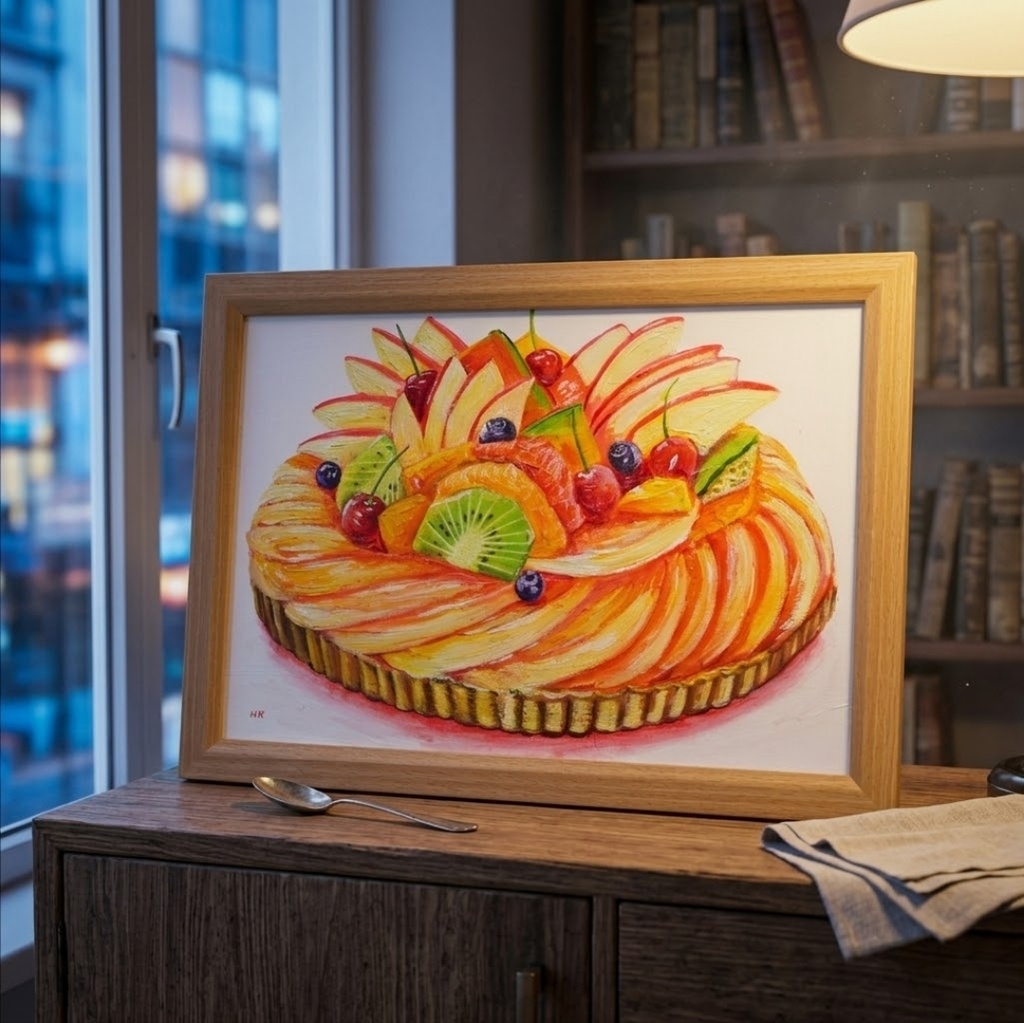 【油彩画・原画】フルーツタルト『陽だまりのティータイム』A4額装済/壁掛け可