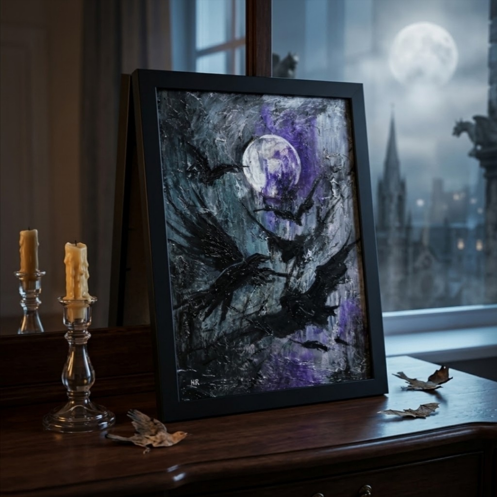 【油絵原画】虚空の飛翔(A4・黒額縁付)/ カラス 満月 ダークファンタジー ハロウィン 壁掛け