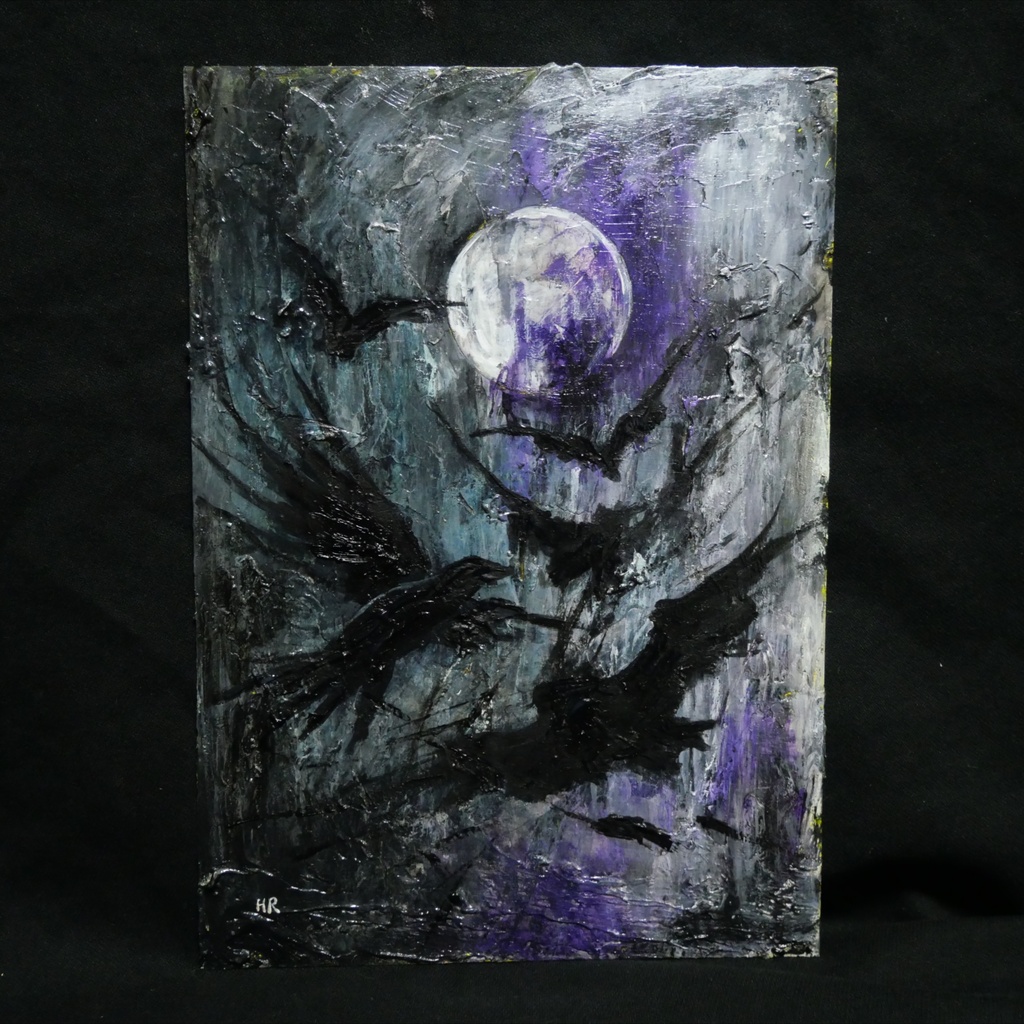 【油絵原画】虚空の飛翔(A4・黒額縁付)/ カラス 満月 ダークファンタジー ハロウィン 壁掛け