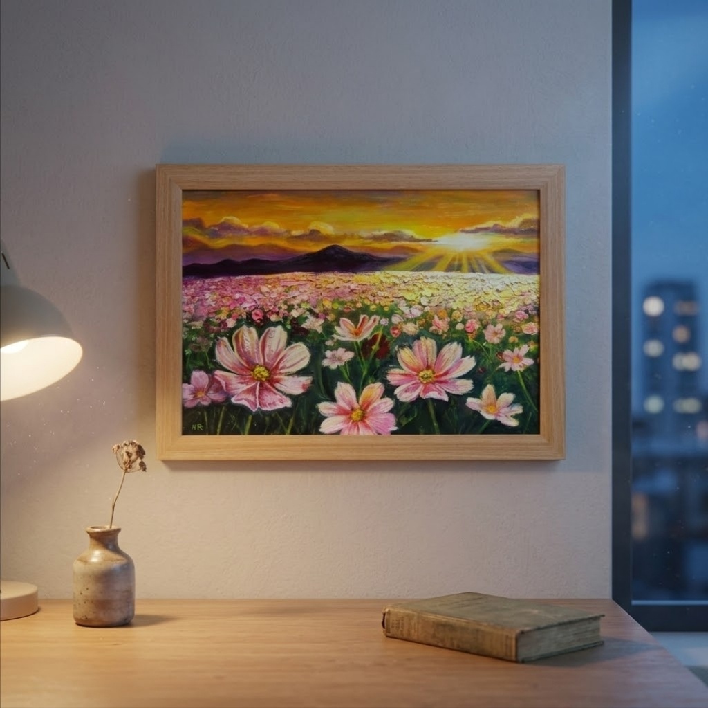 【油絵・原画】一期一会の朝光【A4額装済・壁掛け可】コスモス・朝焼け 風景画・アナログ一点物アート