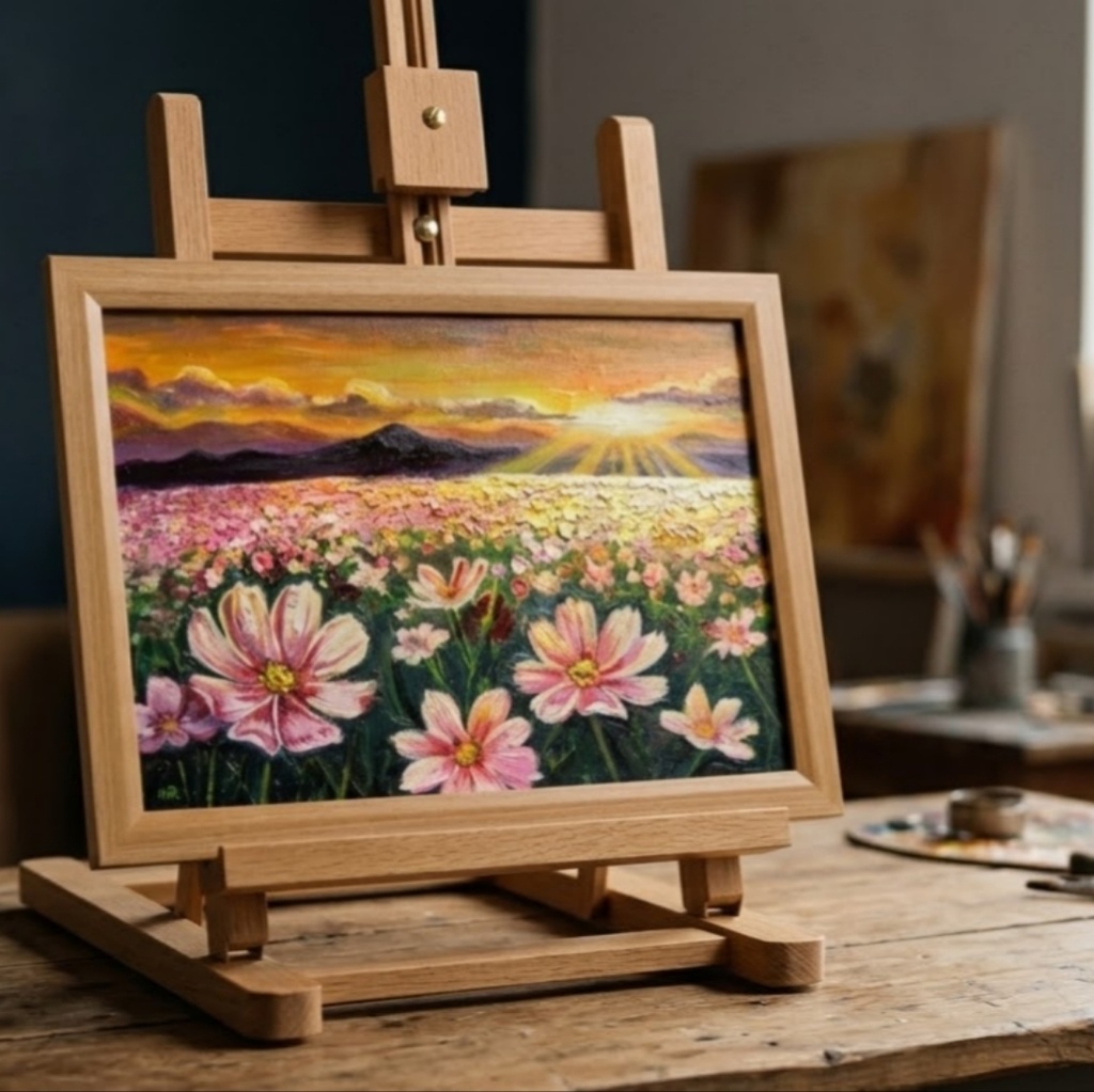 【油絵・原画】一期一会の朝光【A4額装済・壁掛け可】コスモス・朝焼け 風景画・アナログ一点物アート