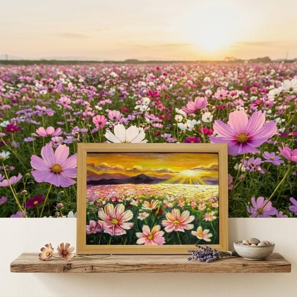 【油絵・原画】一期一会の朝光【A4額装済・壁掛け可】コスモス・朝焼け 風景画・アナログ一点物アート