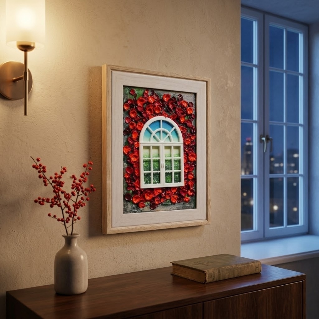 【明日へと続く窓】秘密の景色が見える開閉窓の立体絵画(赤い花と緑の草原)油絵風テクスチャーアート
