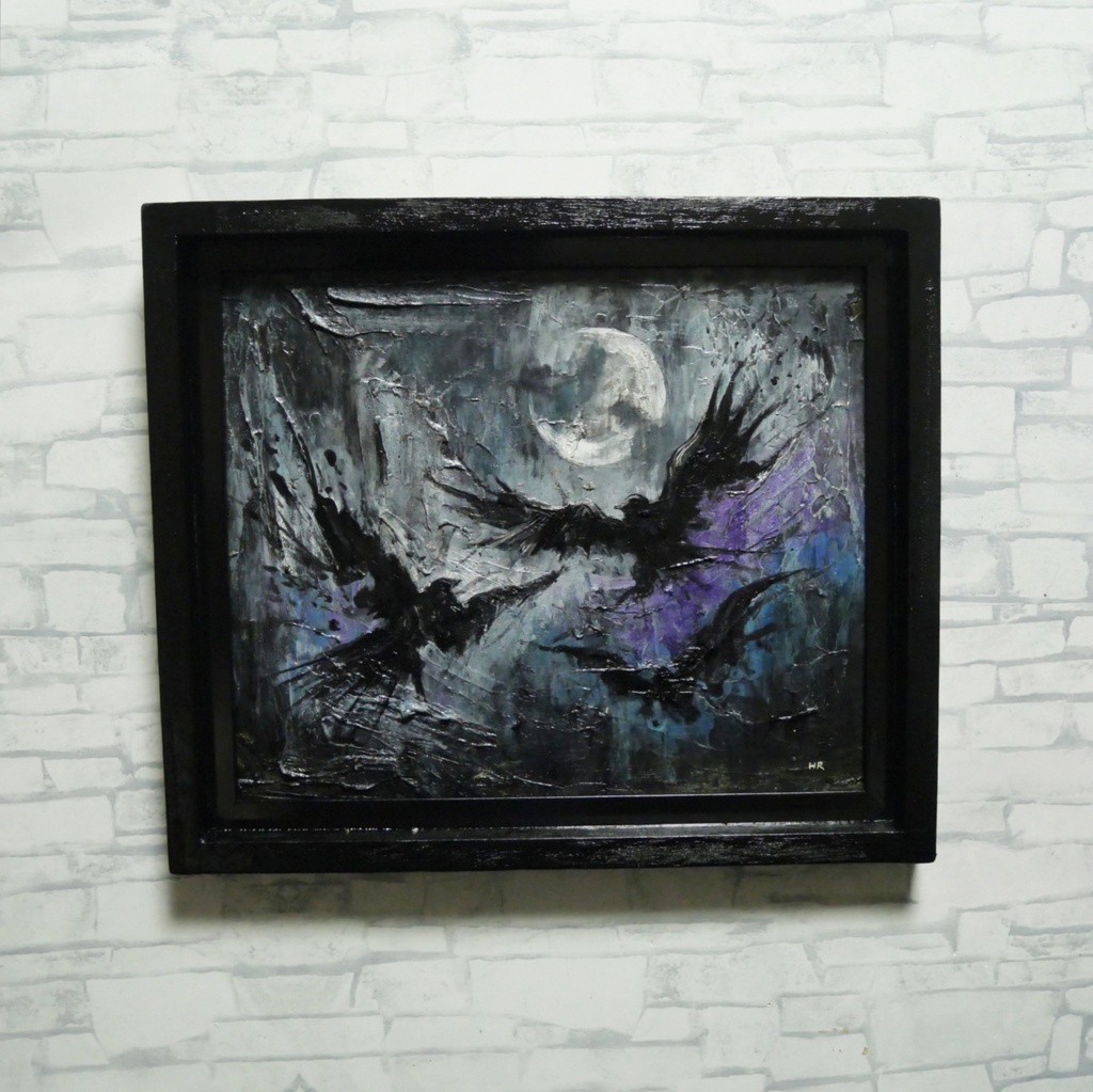 油彩画原画【三日月と黒翼の啓示】ダークファンタジー / ゴシック / 額縁付き壁掛けアート