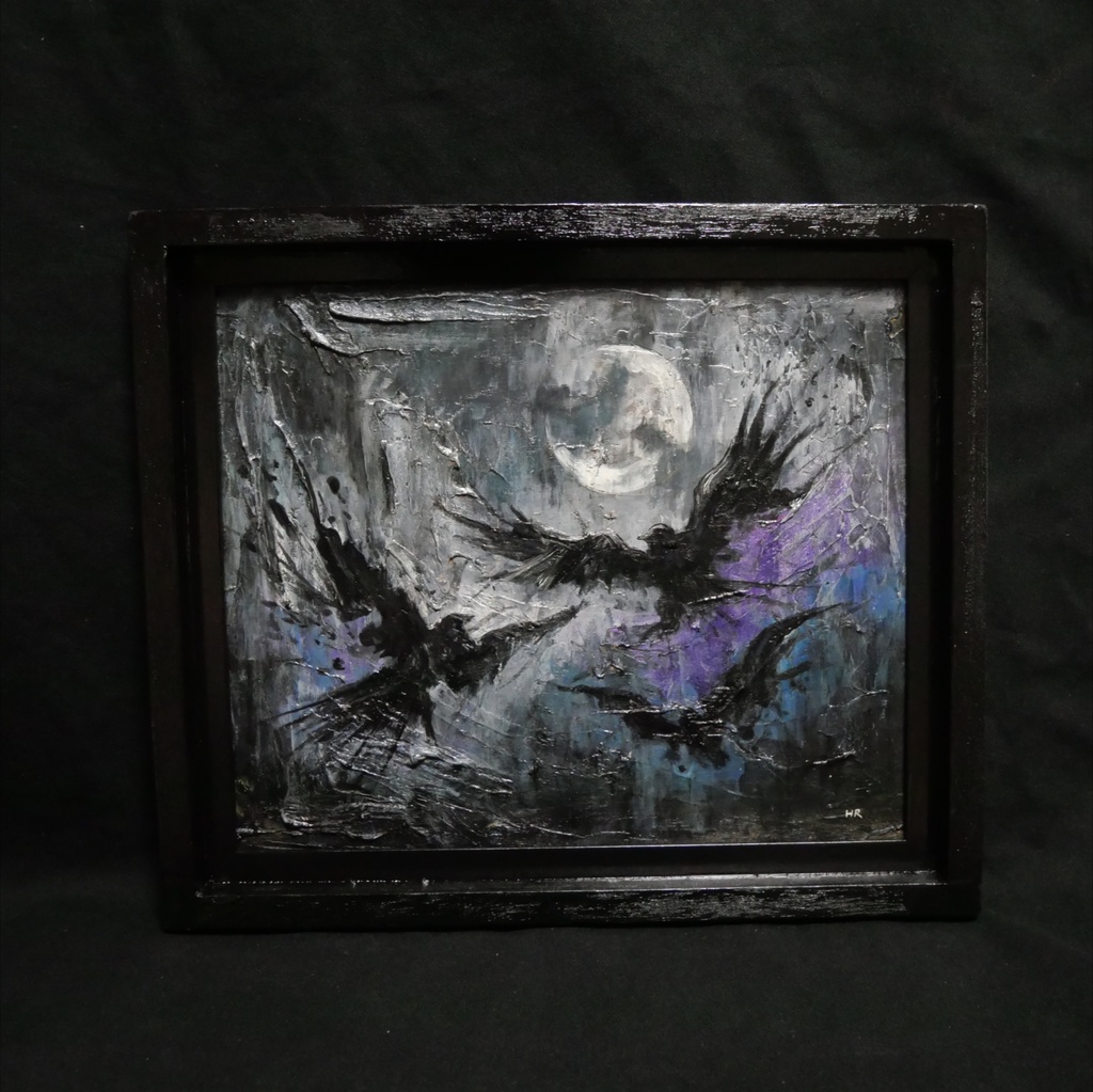 油彩画原画【三日月と黒翼の啓示】ダークファンタジー / ゴシック / 額縁付き壁掛けアート