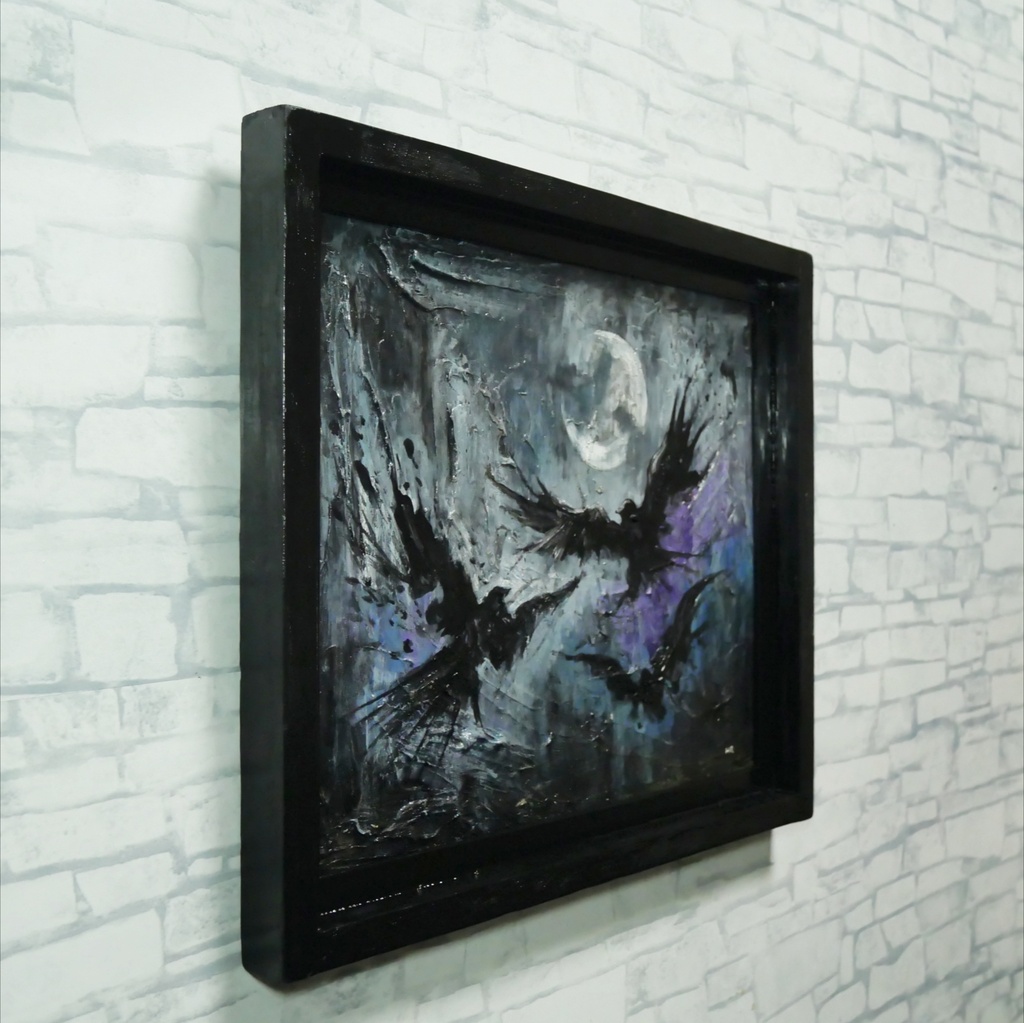 油彩画原画【三日月と黒翼の啓示】ダークファンタジー / ゴシック / 額縁付き壁掛けアート