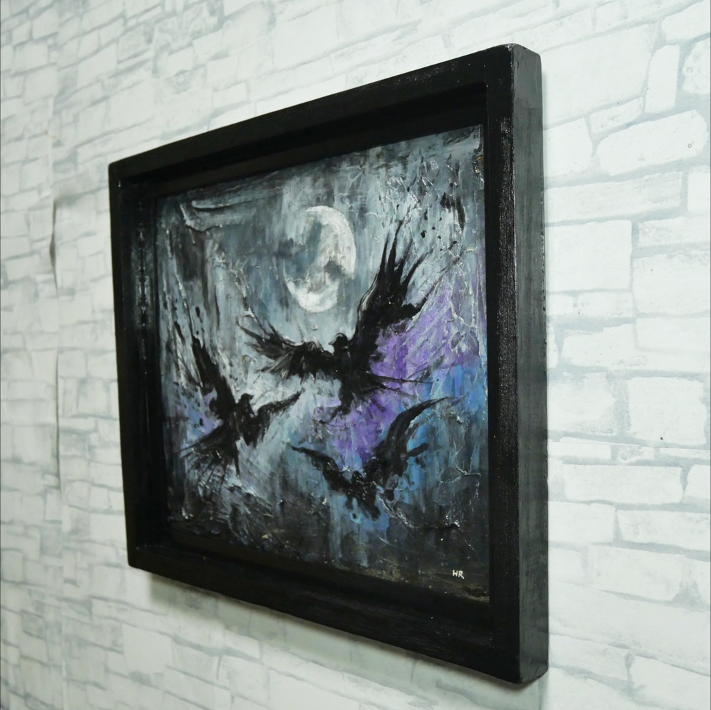 油彩画原画【三日月と黒翼の啓示】ダークファンタジー / ゴシック / 額縁付き壁掛けアート