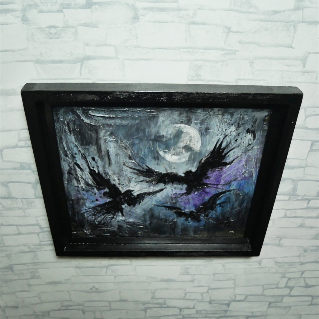 油彩画原画【三日月と黒翼の啓示】ダークファンタジー / ゴシック / 額縁付き壁掛けアート