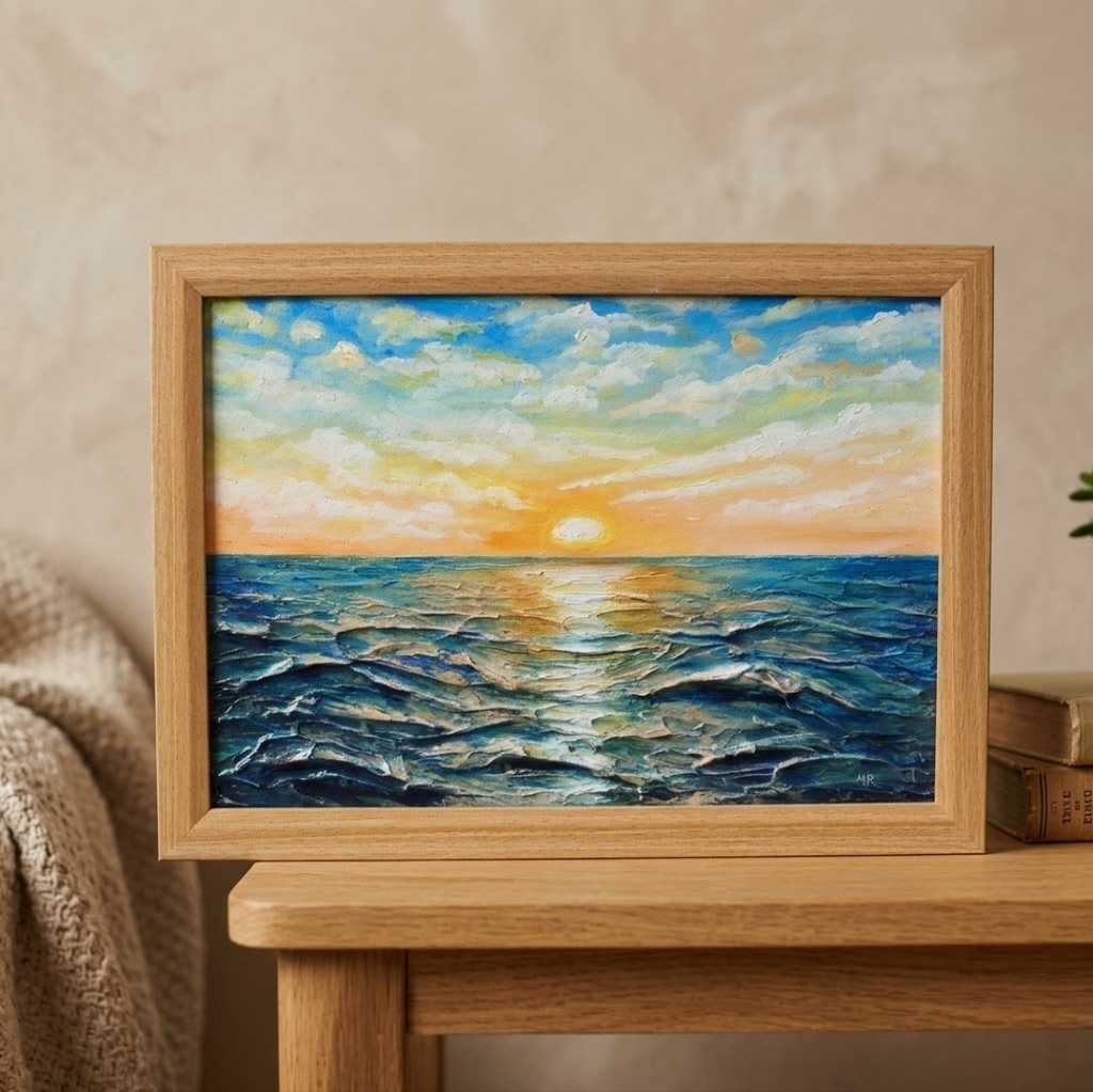 【黎明のポリフォニー】朝日の海 油絵 A4額縁付 / 夏の夕日 朝焼け 模様替え 開運