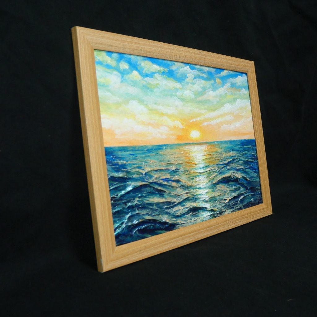 【黎明のポリフォニー】朝日の海 油絵 A4額縁付 / 夏の夕日 朝焼け 模様替え 開運